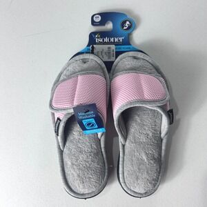 Isotoner Womens Memory Foam Slippers Pink Grey Open Toe Slide Size Small 6-7 NEW